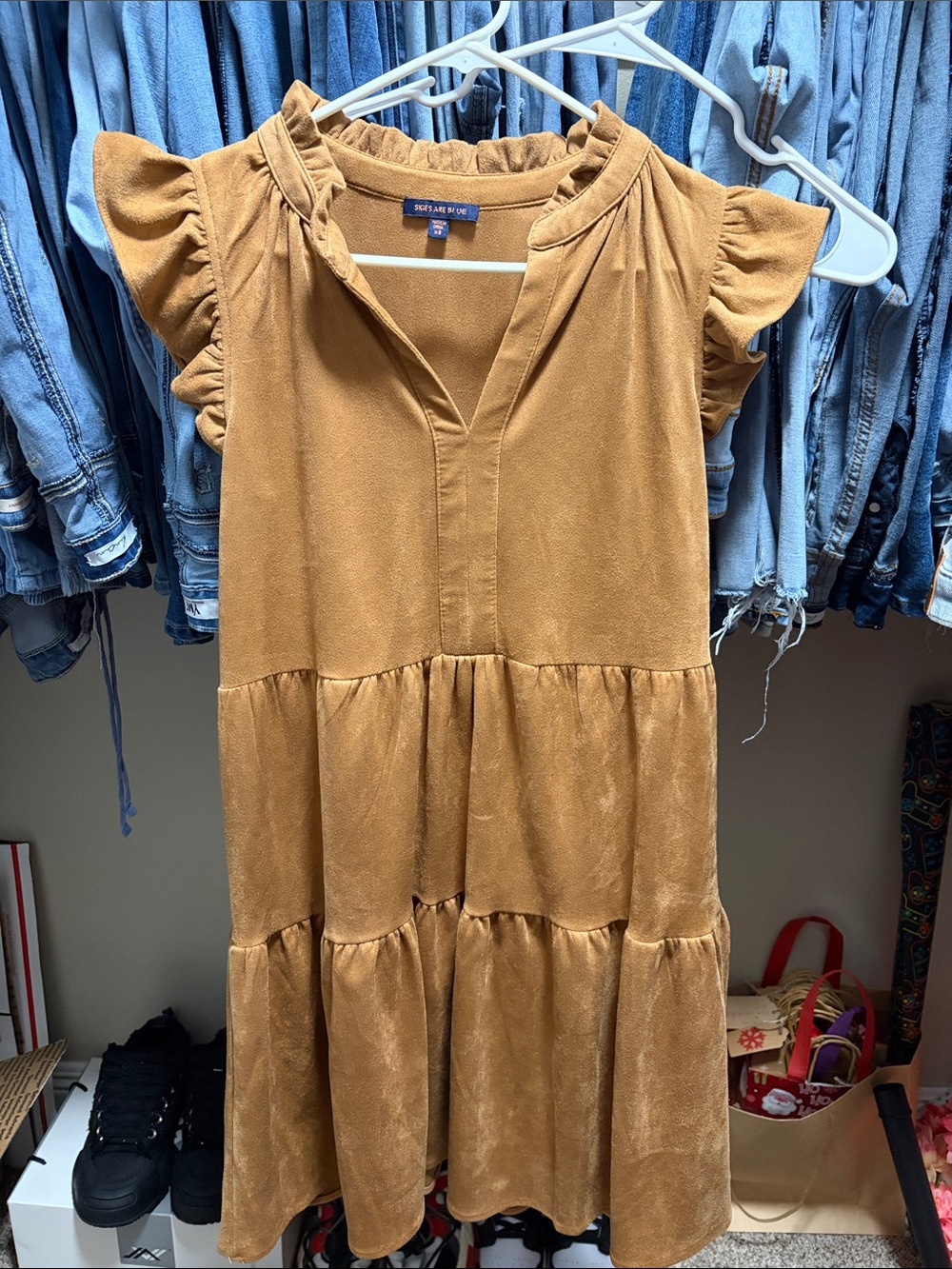 Skies Are Blue Mustard Tiered Flutter Sleeve Dress